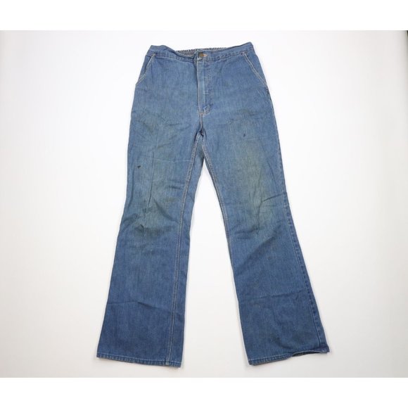 Vintage 70s Streetwear Mens 36x34 Thrashed Wide Leg Bell Bottoms Denim Jeans USA - Picture 1 of 13